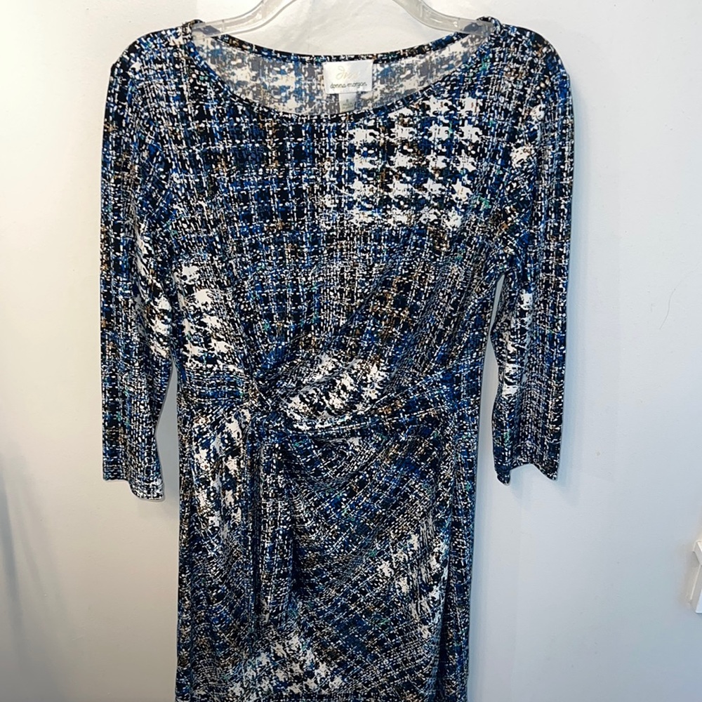 Blue and black speckled faux-wrap dress.